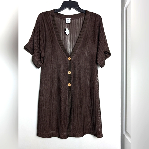 Dream Beach open knit cardigan wooden button brown sz S coastal travel - Picture 1 of 9